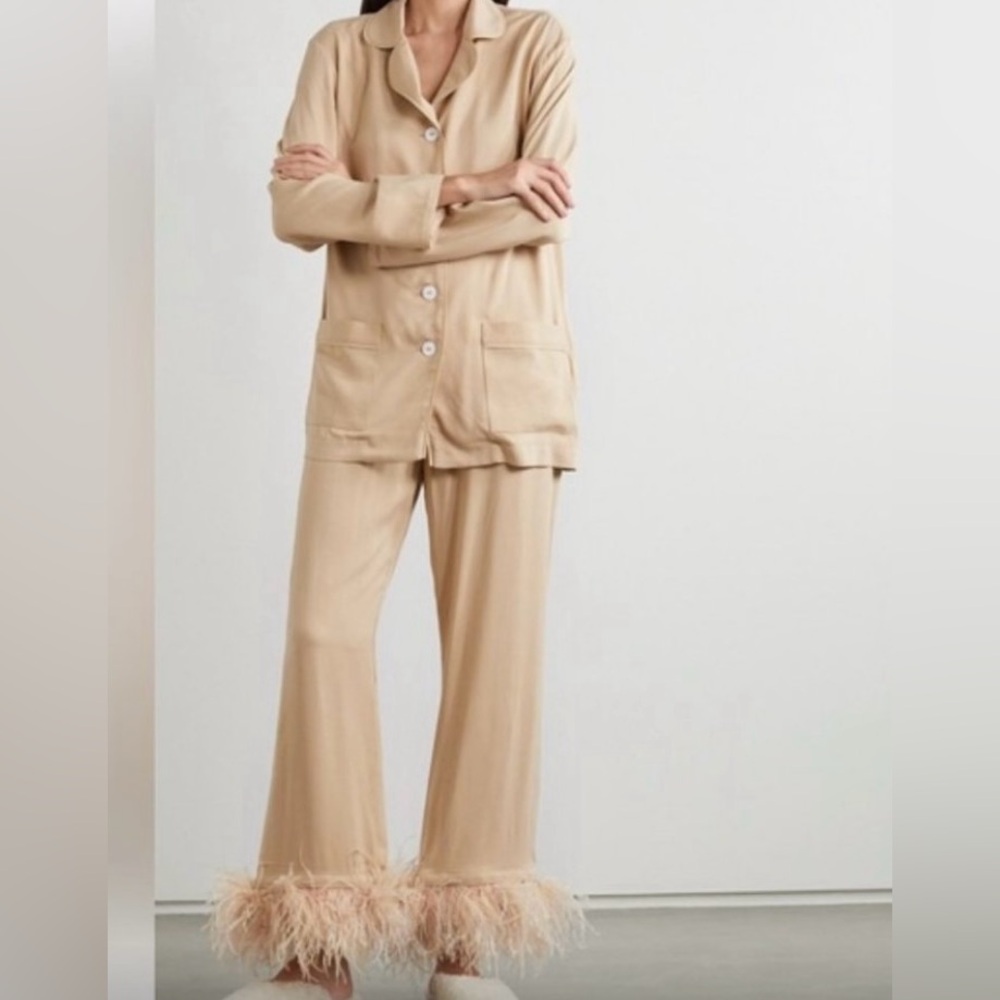 Sleeper Tan Pajama Set with Feather Trim - Picture 2 of 3